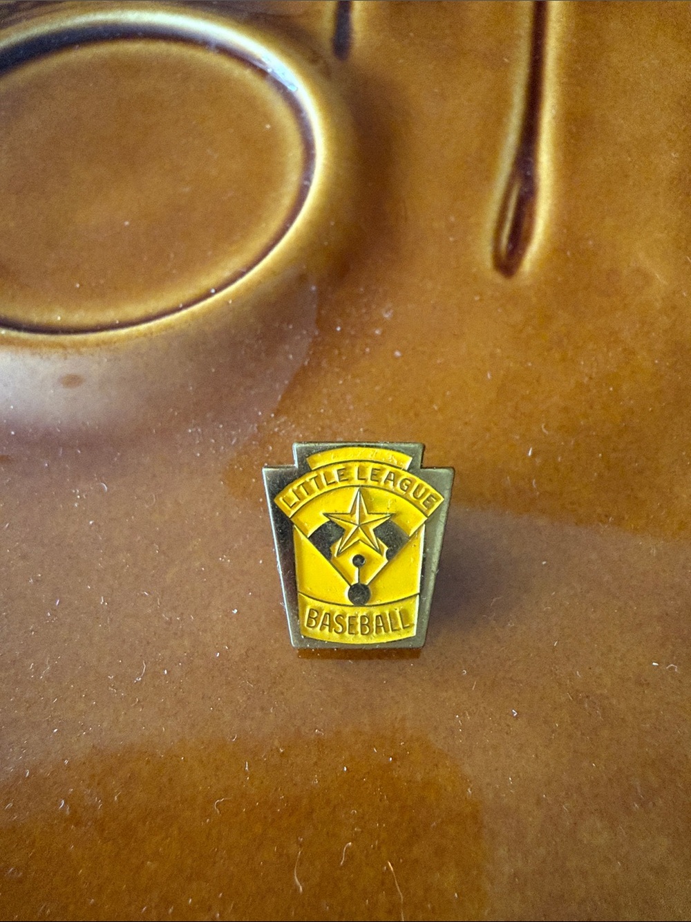 Vintage Little League Baseball Lapel Pin with a Ceramic Baseball Glove Catchall